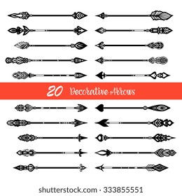 Twenty black  horizontal hand drawn arrows set in vintage style on white background  isolated  vector illustration