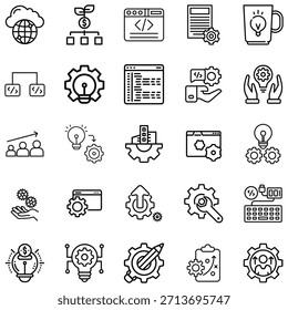 Veinte líneas negras que representan varios conceptos de tecnología y desarrollo de programación