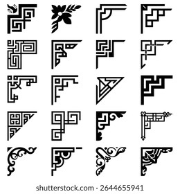 Twenty black and white corner designs featuring geometric and floral motifs. The style is a mix of geometric and ornate elements. The designs are sharp and well-defined against a white background.
