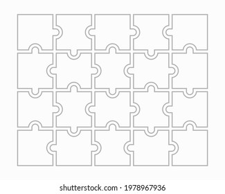 Twenty blank puzzle pieces. Puzzle for web, information or presentation design, infographics. White puzzle on white background. Vector illustration