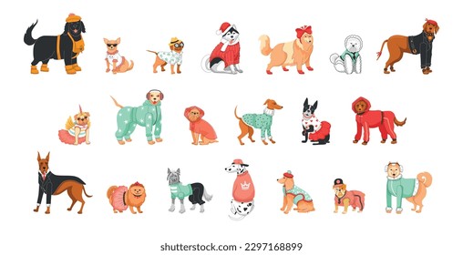 Twenty cartoon color characters of different dog breeds in clothes flat set isolated vector illustration