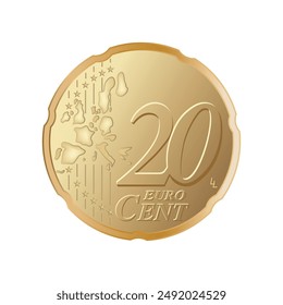 Twenty cent euro coin - Euro 20 cent coin isolated on white background. Currency of the European Union - vector illustration