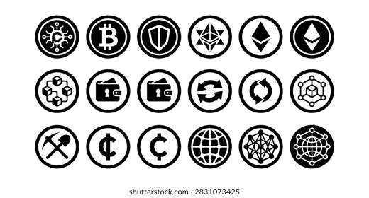 Twenty circular black and white icons representing various cryptocurrencies