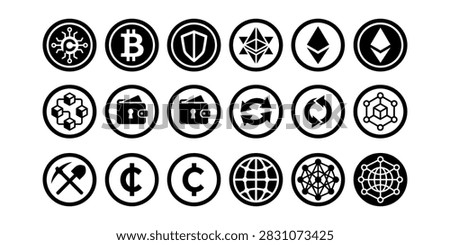 Twenty circular black and white icons representing various cryptocurrencies