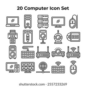 Twenty computer device line art icons fill a grid.