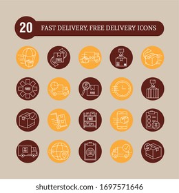 twenty designs of fast delivery and free delivery block line style icons vector illustration design