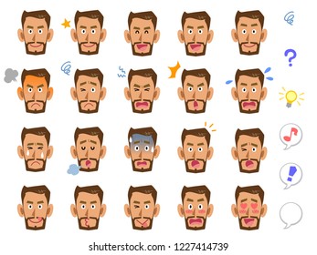 
Twenty different facial expressions of brown skin men holding beards