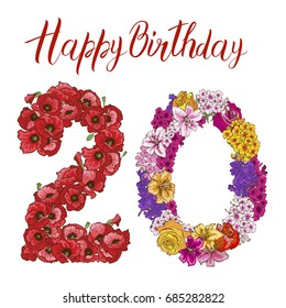 Twenty digit made of different flowers. Happy birthday inscription. Vector illustration