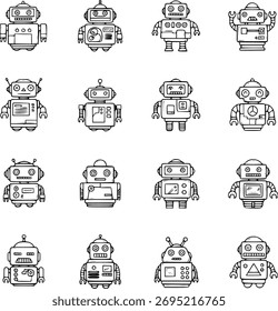 Twenty distinct black-and-white robot icons featuring various designs, expressions, and poses, perfect for tech or UI projects.