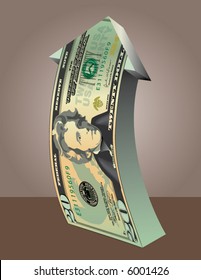 A twenty dollar bill forms an arrow