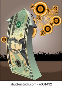 A twenty dollar bill forms an arrow with grunge elements