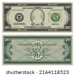 Twenty dollars banknote. Gray obverse and green reverse fictional US paper money in style of vintage american cash. Frame with guilloche mesh and bank seals. Jackson