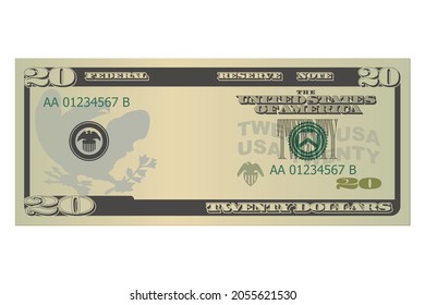 Veinte dólares sin un retrato de Jackson. Billete de 20 dólares. Plantilla o burla para un recuerdo. Ilustración del vector aislada en un fondo blanco