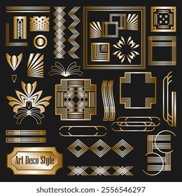 Twenty eight decorative elements in art deco style. Golden objects on black background. Vector set