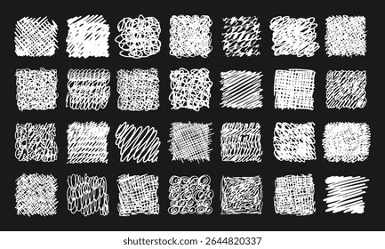 Twenty eight different hand-drawn textures imitating various graphic tools. White doodles and squiggles on a black background. Vector set