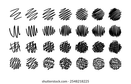 Twenty eight hand drawn circles with various shading. Doodles and squiggles. Vector set