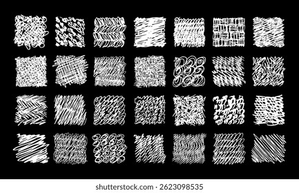 Vinte e oito fundos de doodle desenhados à mão com várias texturas. Branco sobre preto. Conjunto de vetores