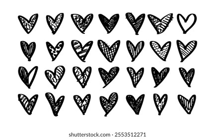 Twenty eight hand drawn hearts with various textured filling. Doodles and squiggles. Vector set