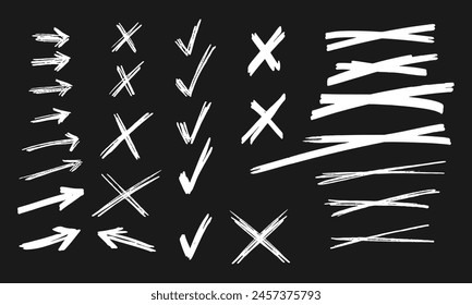 Twenty eight handwritten squiggles. White strikethroughs, crosses, arrows, V-shaped marks on a black background. Vector set