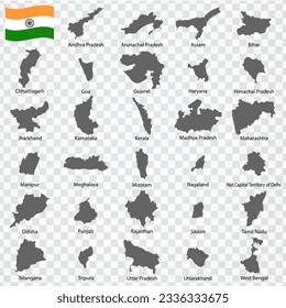 Twenty eight Maps States of India and Capital Territory of Delhi - alphabetical order with name. Every single map of state are listed and isolated with wordings and titles. India. EPS10.
