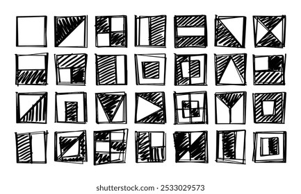 Twenty Eight Miscellaneous Square Hand Drawn Bauhaus Objects. Doodles and Squiggles. Vector Set