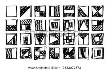 Twenty Eight Miscellaneous Square Hand Drawn Bauhaus Objects. Doodles and Squiggles. Vector Set