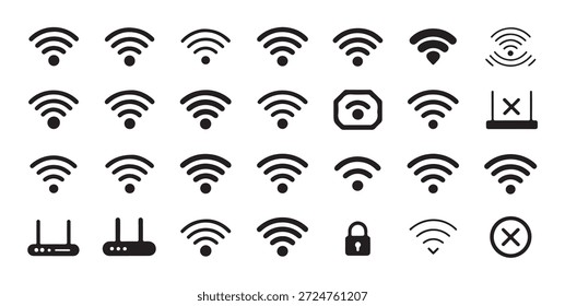 Veintiocho iconos de red módem router bloqueo de seguridad y variados indicadores de intensidad de señal de radio Ilustración vectorial plana
