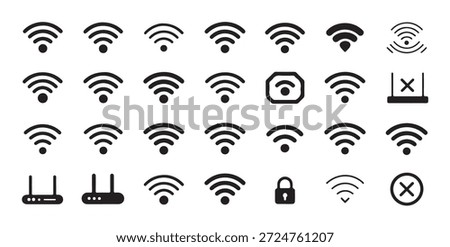 Twenty eight network icons modem router security lock and varied radio signal strength indicators flat vector illustration