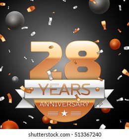 Twenty eight years anniversary celebration background with silver ribbon confetti and circles. Anniversary ribbon. Vector illustration.