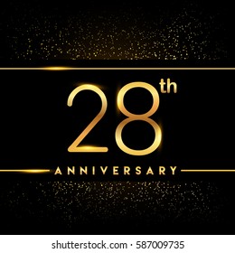 twenty eight years anniversary celebration logotype. 28th anniversary logo with confetti golden colored isolated on black background, vector design for greeting card and invitation card
