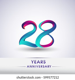 twenty eight years anniversary celebration logotype blue and red colored, 28th birthday logo on white background