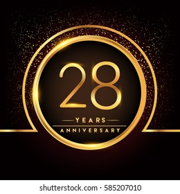 twenty eight years birthday celebration logotype. 28th anniversary logo with confetti and golden ring isolated on black background, vector design for greeting card and invitation card.