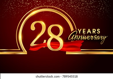 twenty eight years birthday celebration logotype. 28th anniversary logo with confetti and golden ring, red ribbon isolated on red background, vector design for greeting card and invitation card.