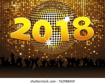 Twenty Eighteenth New Years in Golden Numbers Over Disco Ball on Golden Tiles Wall with Crowd
