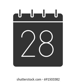 Twenty eighth day of month glyph icon. Date silhouette symbol. Wall calendar with 28 sign. Negative space. Vector isolated illustration