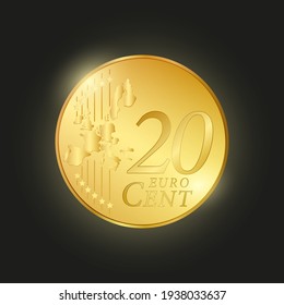 twenty euro cent. Vector illustration of golden coin. Realistic money illustration. Shining luxury coin