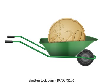 Twenty euro cent in wheelbarrow on a white background.