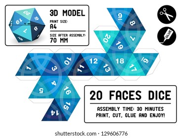Twenty Faces 3d Papercraft Dice - Blue