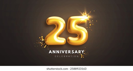 Twenty fifth anniversary celebration banner. Realistic glossy 3d golden number 25 and sparkling confetti on black background. Greeting card for birthday or wedding anniversary. Vector illustration