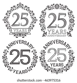 Twenty fifth anniversary emblems set. Patterned celebration signs in vintage style.