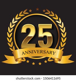 twenty fifth  anniversary golden logo emblem with ribbon and the number 25th vector graphic designing silhouette svg