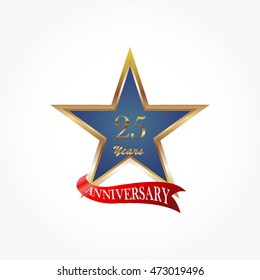 twenty fifth years logo vector in gradient blue star with golden frame and red anniversary ribbon below