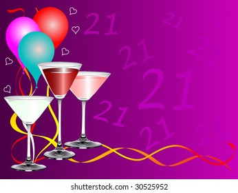 Una plantilla de fondo para una fiesta de 21 años con gafas de bebidas y globos