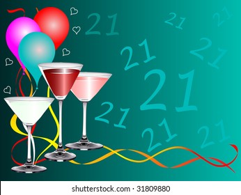 Una plantilla de fondo vectorial de la fiesta de 21 cumpleaños con gafas de bebidas y globos