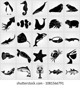 Twenty five Aquatic Animals icon set