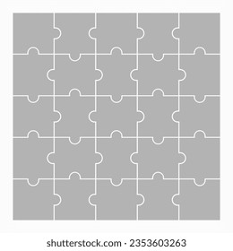 Twenty five blank puzzle pieces. Puzzle for web, information or presentation design, infographics. White puzzle on white background. Vector illustration