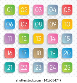 Twenty five colorful vector numbers rounded square design