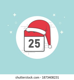 Twenty five december on Calendar with santa hat on top flat design. Christmas Santa Claus Hats. Christmas date. suitable for social media, banner, landing page, website, or greeting card
