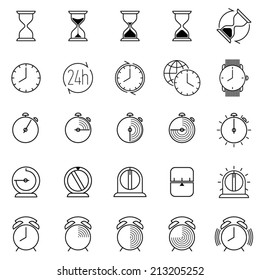 Twenty five different time and clock black icons on white background | Large time icons collection featuring glass hour, alarm clock, countdown timer, watch, world time and more