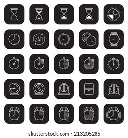 Twenty five different time and clock icons in black squares with round corners | Large time icons collection featuring glass hour, alarm clock, countdown timer, watch, time zones icon and more